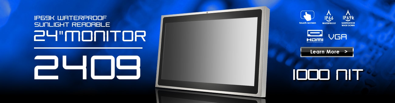 24 inch IP69K All-Weather Stainless Steel Sunlight Readable Capacitive Touchscreen LCD Display Monitor with HDMI, DVI & VGA Inputs