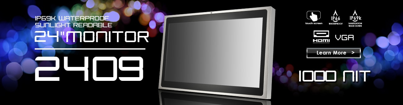 24 inch IP69K All-Weather Stainless Steel Sunlight Readable Capacitive Touchscreen LCD Display Monitor with HDMI, DVI & VGA Inputs