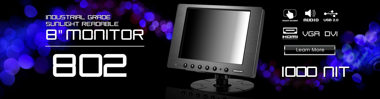 8 inch monitor, 8 inch touchscreen, small monitor, small touchscreen https://www.xenarc.com ruggedized solutions manufacturer for all industries  HDMI, VGA, DVI Video Inputs
